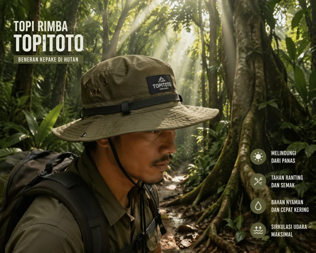 Petualang memakai topi rimba Topitoto berjalan di hutan tropis lebat dengan sinar matahari alami