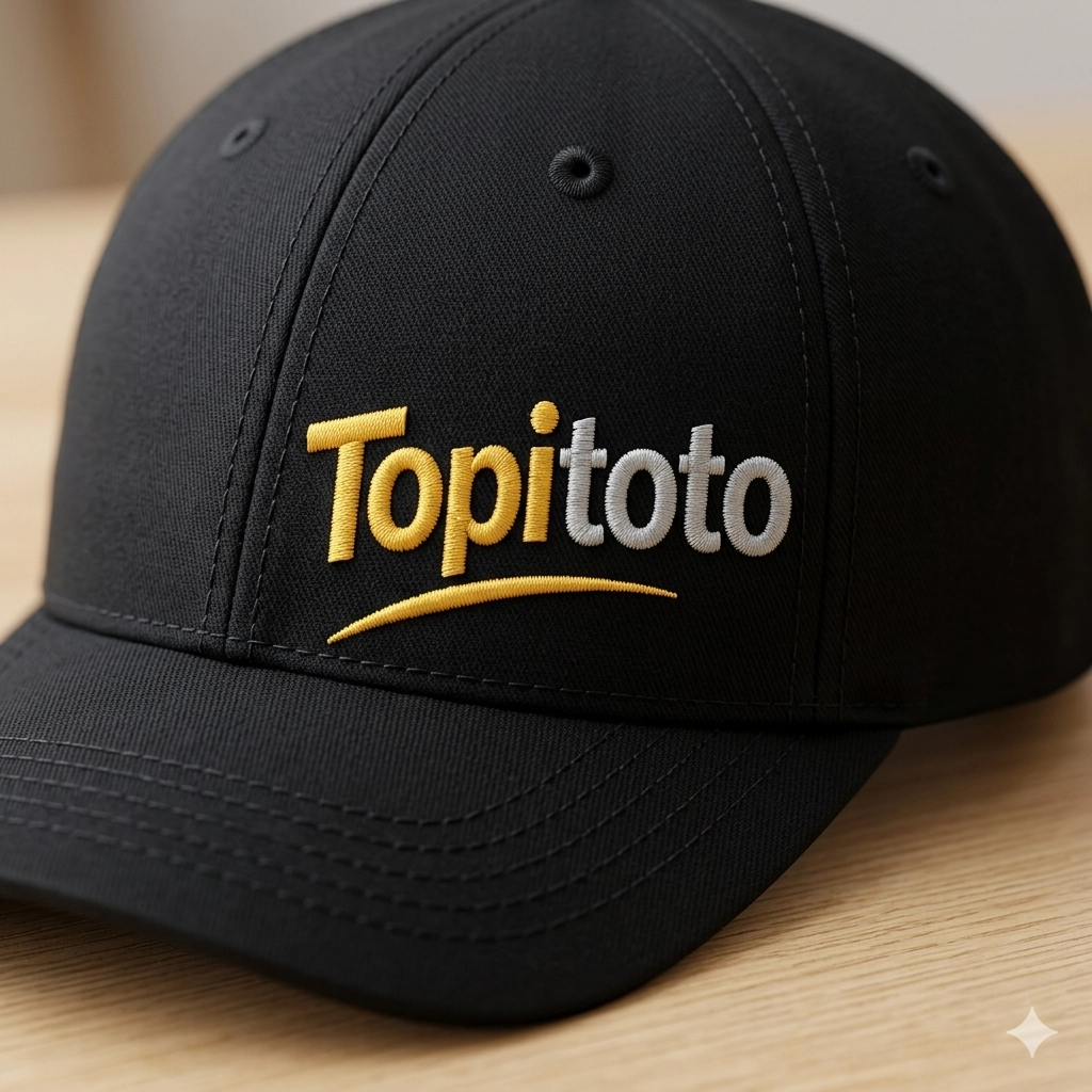 Topi hitam Topitoto dengan logo bordir kuning dan putih tampilan close-up