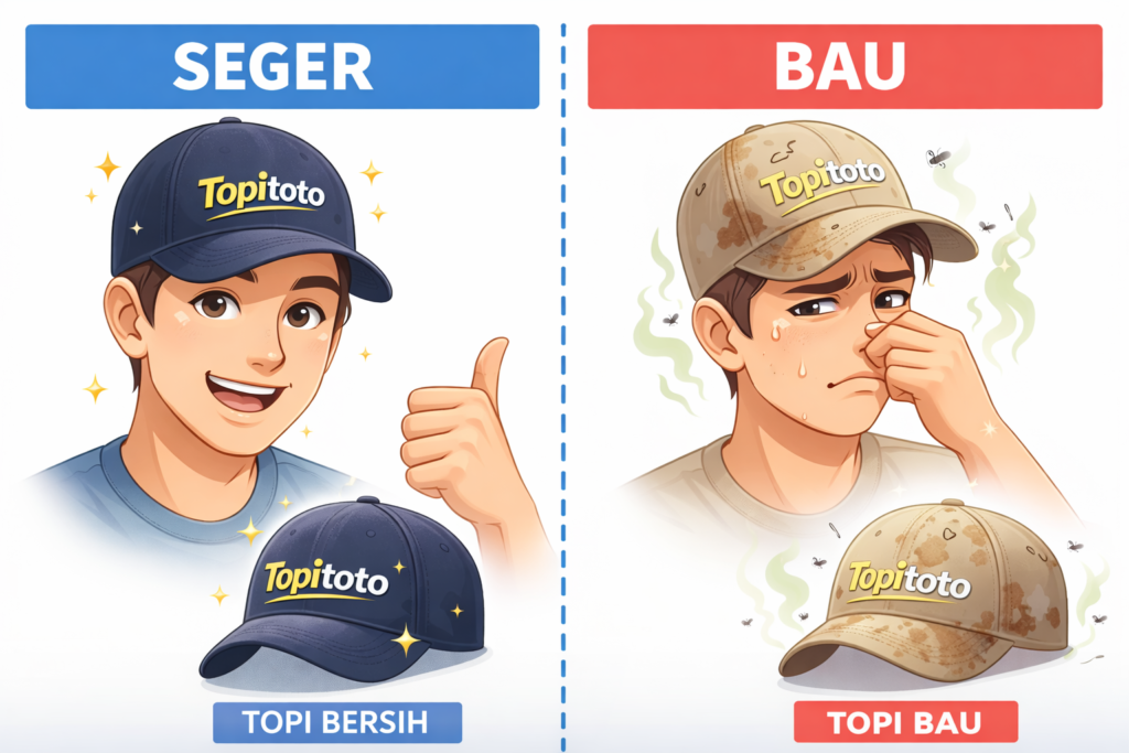 ilustrasi perbandingan topi bersih dan topi bau dengan ekspresi pengguna