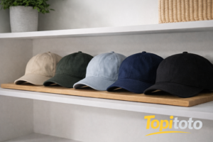 topi disimpan rapi di rak terbuka agar tidak lembap dan bau