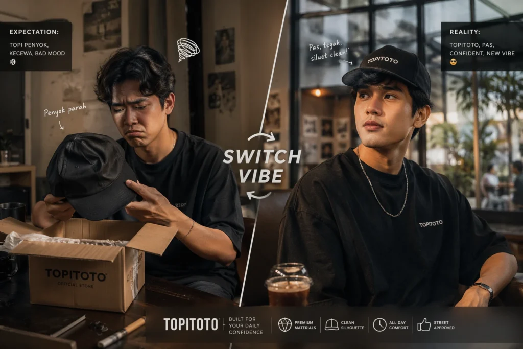 Ilustrasi pengalaman membuka paket topi yang mengecewakan lalu beralih ke Topitoto dengan kualitas jahitan rapi dan gaya streetwear lebih percaya diri