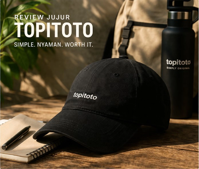 Topi Topitoto hitam dipakai dalam aktivitas outdoor dan camping dengan desain simpel dan nyaman untuk daily wear