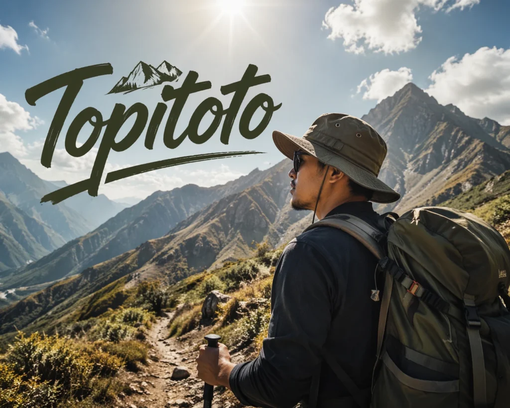 pria memakai topi camping saat hiking di gunung untuk melindungi dari panas matahari