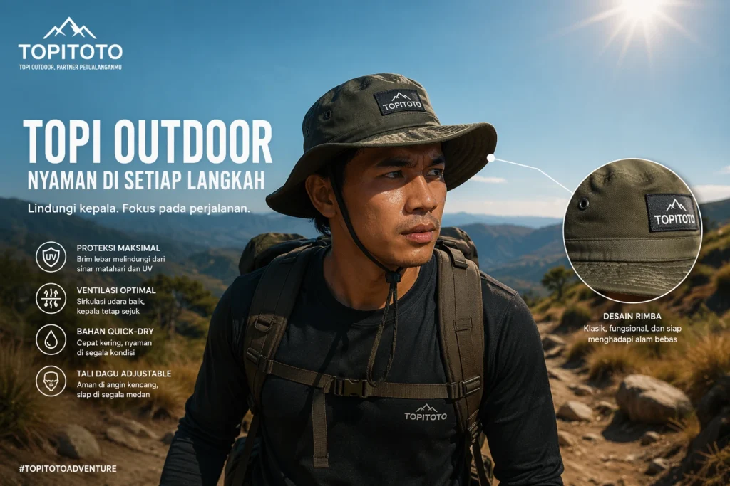 pria memakai topi outdoor rimba saat hiking di bawah matahari terik