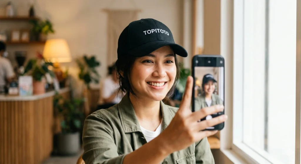Ilustrasi teknik pencahayaan alami untuk selfie pakai topi yang terang dan jelas, contoh hasil tips praktis di web Topitotoku.