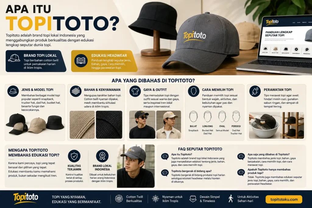 Infografik Apa Itu Topitoto sebagai brand topi lokal Indonesia dan edukasi seputar jenis bahan gaya cara memilih serta perawatan topi