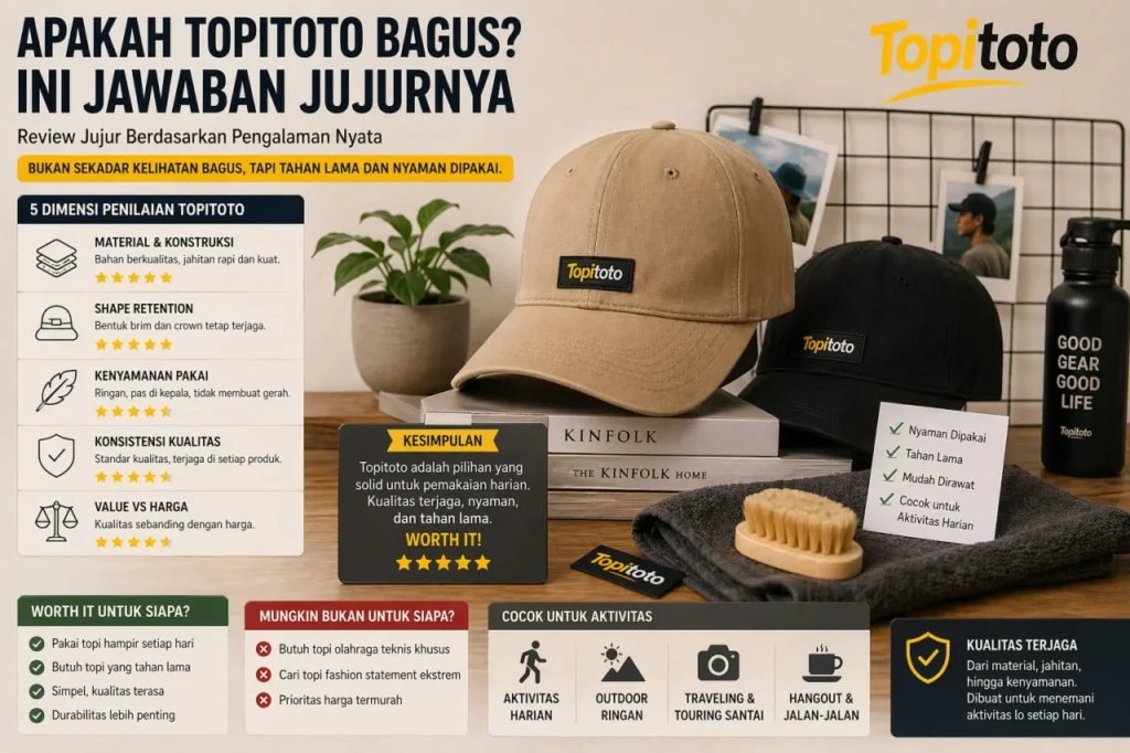 Ilustrasi review Topitoto apakah bagus dilihat dari material, kenyamanan, struktur, dan value untuk pemakaian harian