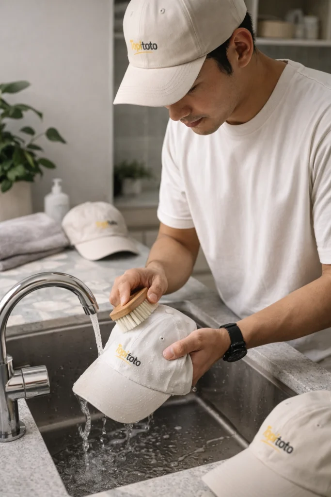 Pria mencuci topi secara manual dengan sikat lembut menggunakan sabun ringan agar tidak merusak bentuk topi