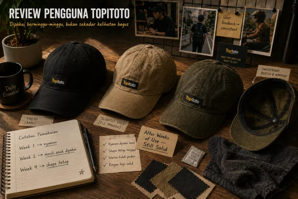 Ilustrasi review pengguna Topitoto menampilkan tiga topi dengan kondisi setelah pemakaian, elemen checklist pengalaman nyata seperti kenyamanan, shape retention, dan warna tetap terjaga.