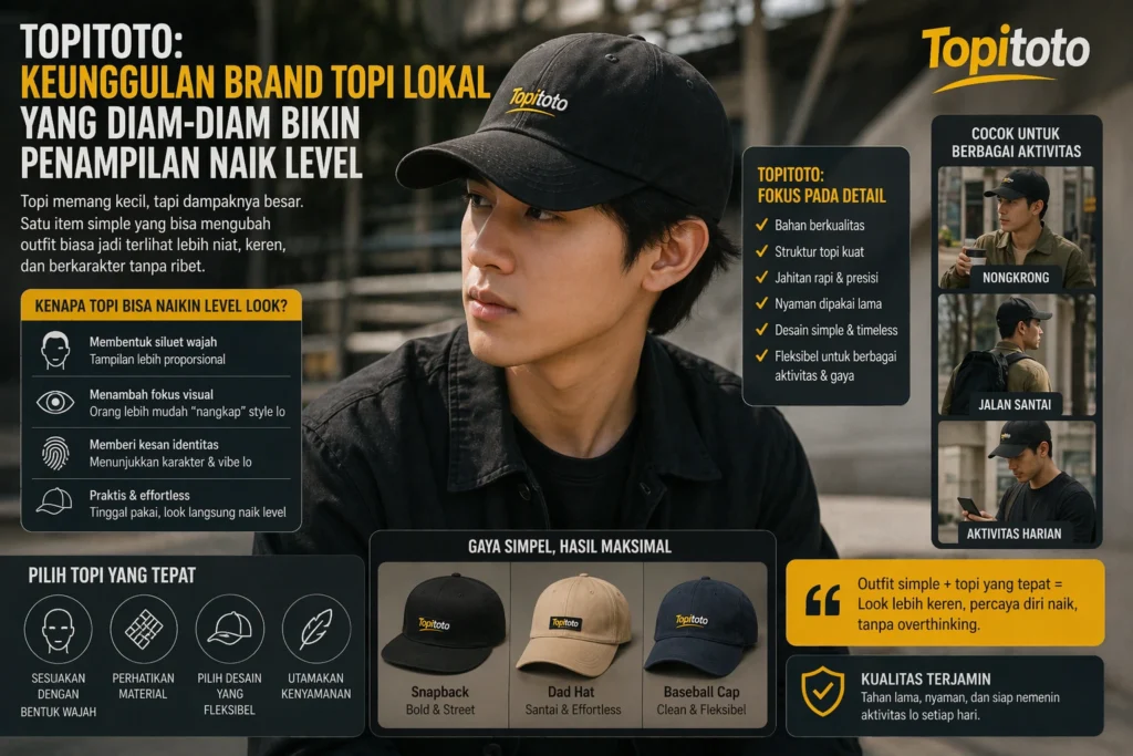 Ilustrasi pria memakai topi Topitoto hitam dengan gaya streetwear yang membuat outfit simpel terlihat lebih keren dan berkarakter