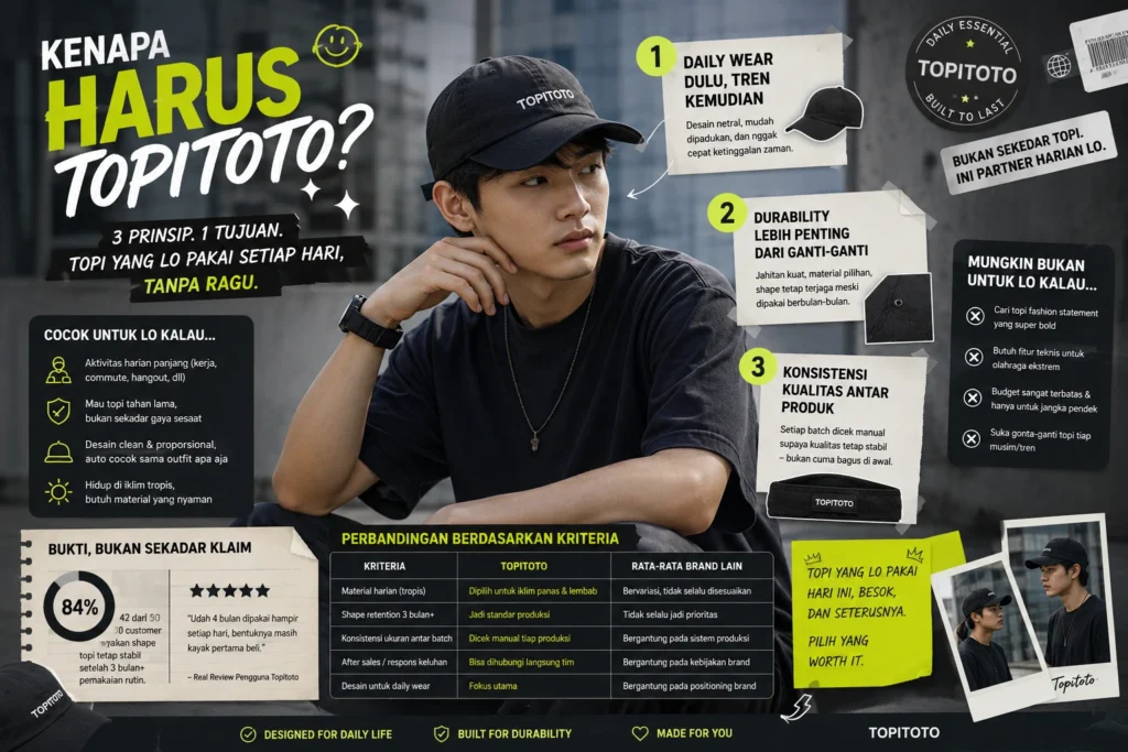Ilustrasi seorang pria Gen Z memakai topi Topitoto warna netral di suasana urban tropis modern, duduk santai di area kota dengan outfit streetwear minimalis. Nuansa aesthetic clean, warm tone, dan daily wear lifestyle yang nyaman untuk aktivitas harian.