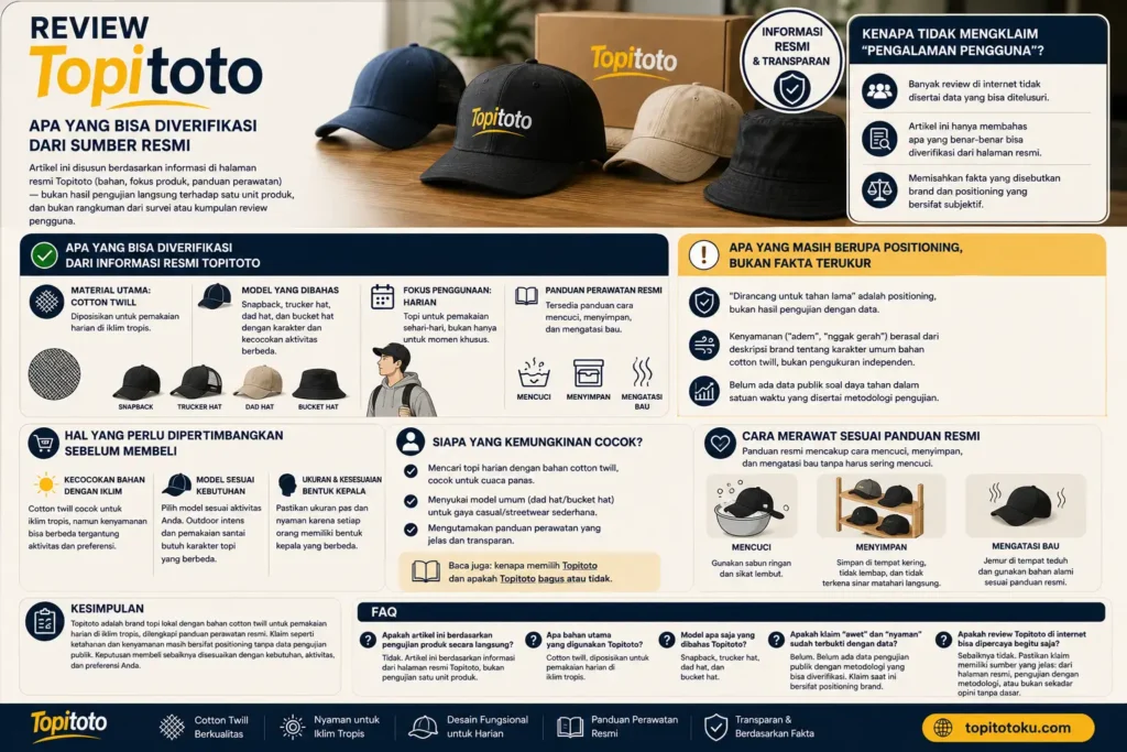 Infografik review Topitoto berdasarkan informasi resmi tentang bahan cotton twill, model topi, perawatan, dan positioning brand