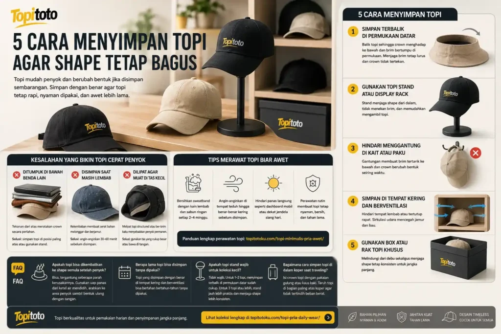 Ilustrasi cara menyimpan topi agar shape tetap bagus dengan tips menggunakan topi stand, penyimpanan kering, dan menghindari tekanan pada crown topi.