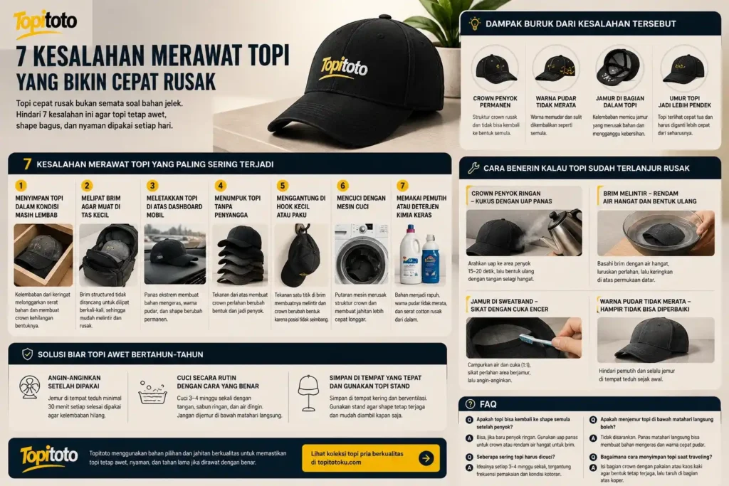 Ilustrasi cara menyimpan topi agar shape tetap bagus menggunakan stand topi, rak penyimpanan, dan teknik penyimpanan yang benar untuk mencegah topi penyok.