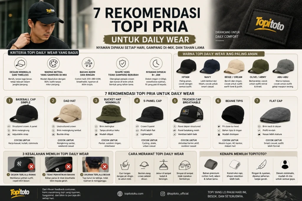 Infografis 7 rekomendasi topi pria untuk daily wear dengan desain minimalis, warna netral, bahan adem, dan model topi casual terbaik untuk aktivitas sehari-hari.