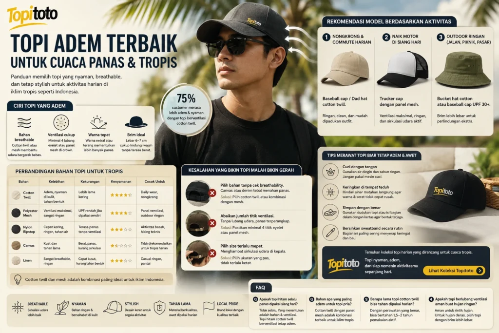 Ilustrasi panduan memilih topi adem untuk cuaca panas tropis dengan bahan breathable, ventilasi mesh, dan rekomendasi model topi pria dari Topitoto.