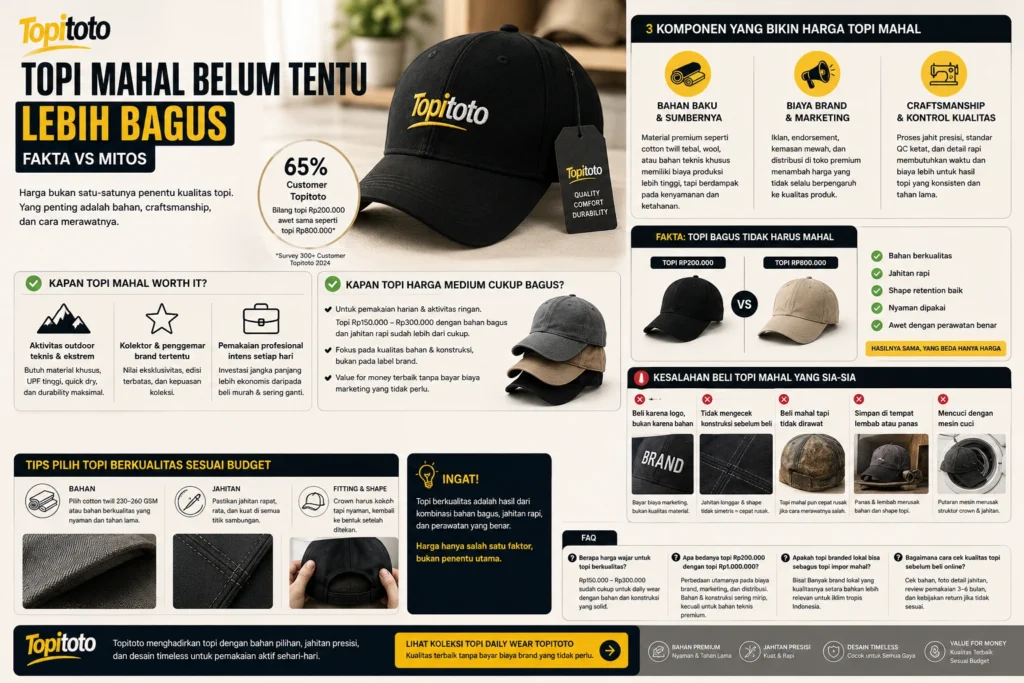 Infografis perbandingan topi mahal dan topi harga menengah yang menjelaskan faktor kualitas topi, bahan, jahitan, craftsmanship, serta value for money.