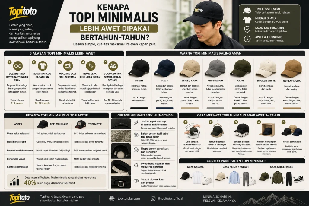 Infografis edukatif tentang alasan topi minimalis pria lebih awet dipakai bertahun-tahun dengan desain timeless, warna netral, dan kualitas premium.