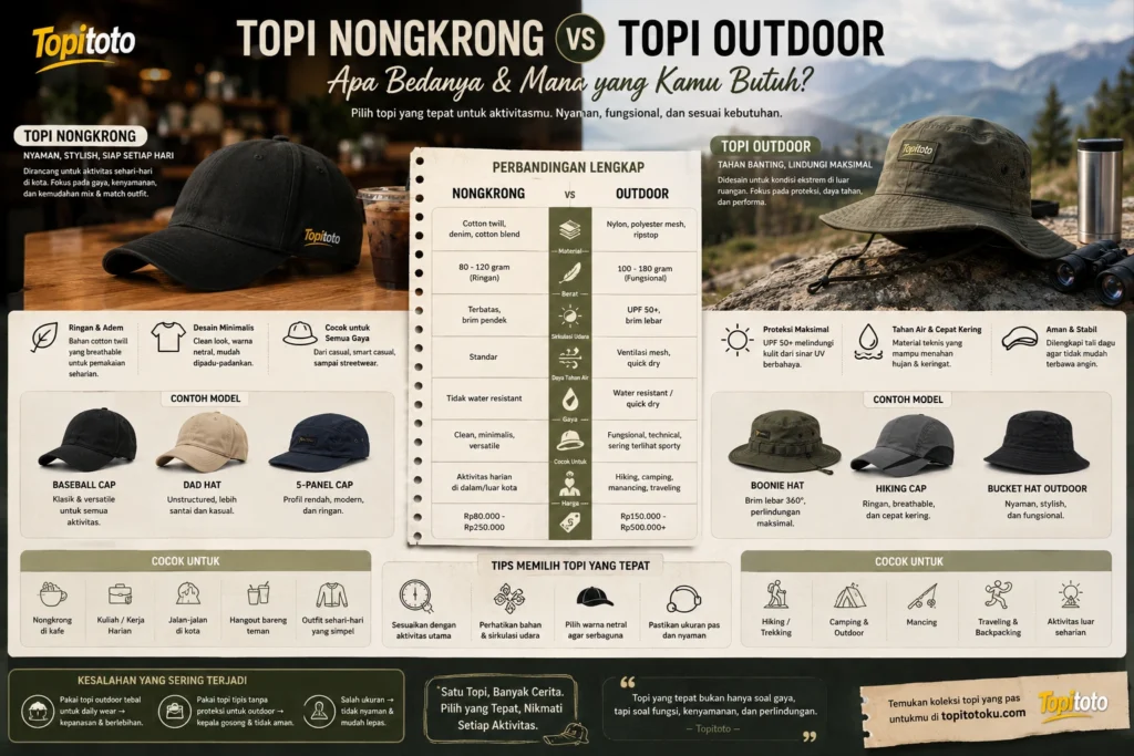 Ilustrasi perbedaan topi nongkrong dan topi outdoor pria lengkap dengan fungsi, material, kenyamanan, dan rekomendasi penggunaan harian dari Topitoto.