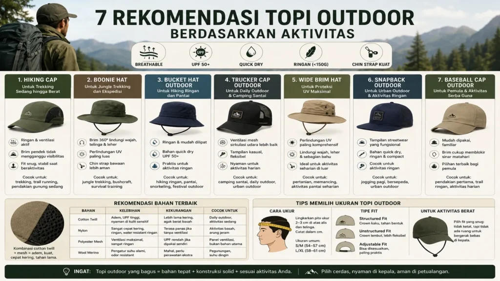 Ilustrasi 7 rekomendasi topi outdoor berdasarkan aktivitas seperti hiking, jungle trekking, camping, pantai, dan urban outdoor lengkap dengan bahan terbaik dan tips memilih ukuran.