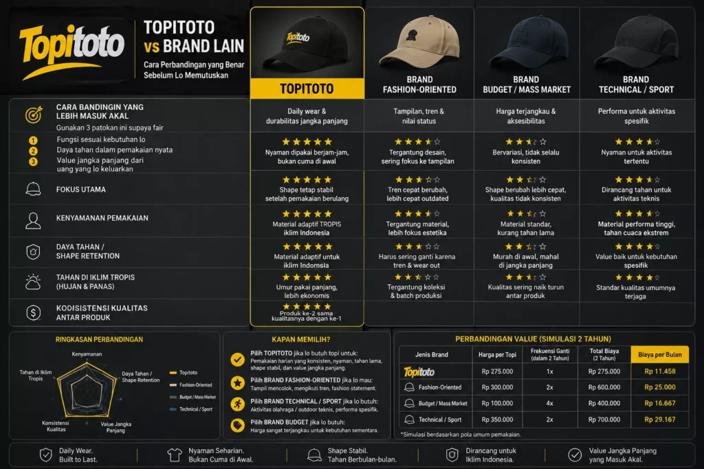 Ilustrasi perbandingan Topitoto vs brand topi lain untuk daily wear, durability, kenyamanan, dan value jangka panjang.