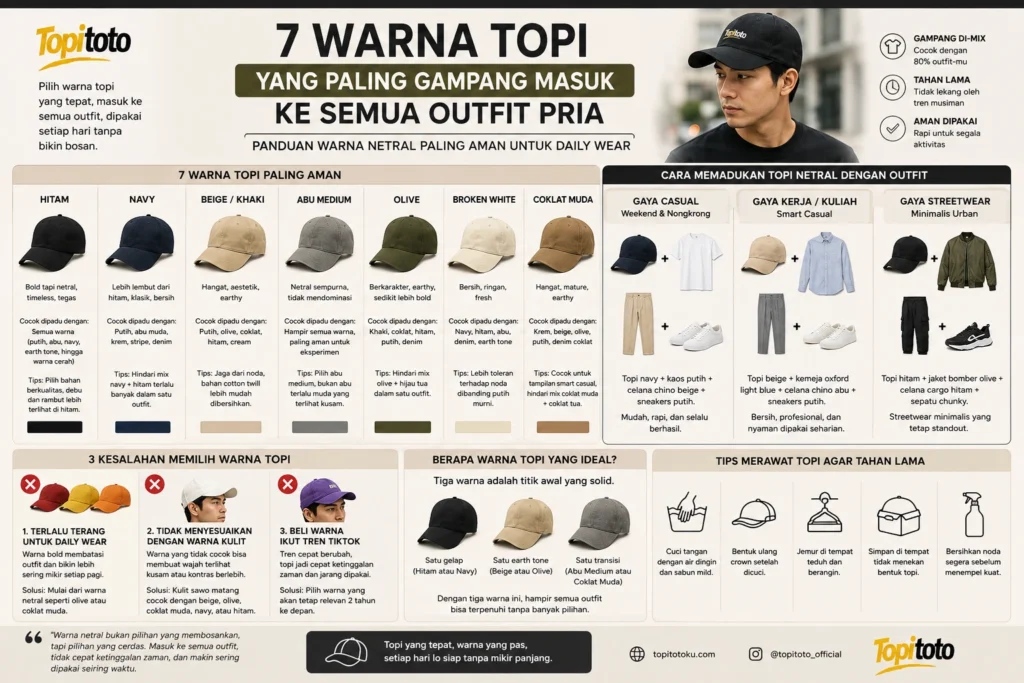 Infografis 7 warna topi netral pria yang paling mudah dipadukan dengan outfit casual, streetwear, dan smart casual untuk daily wear.
