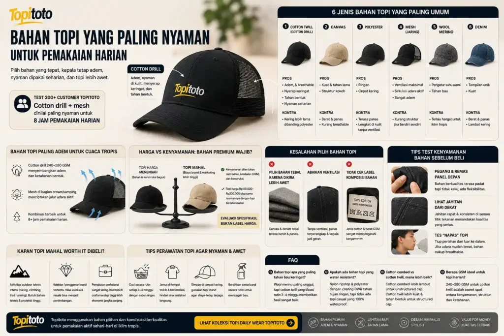Infografis perbandingan bahan topi paling nyaman untuk pemakaian harian, menampilkan cotton twill, cotton drill, mesh, polyester, canvas, denim, dan wool untuk cuaca tropis.