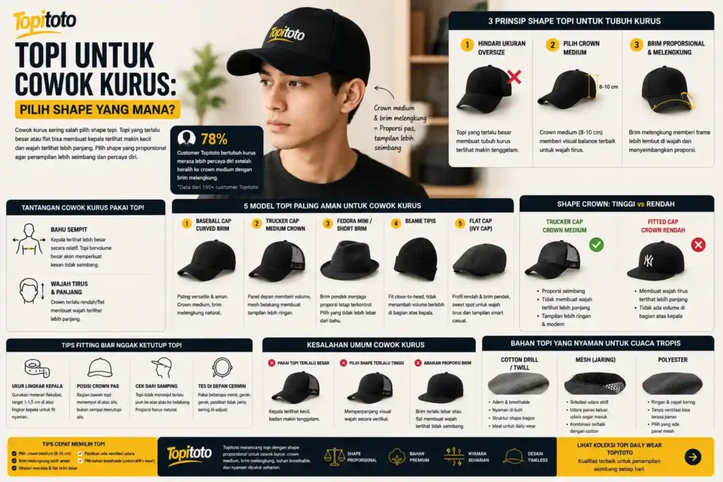 Ilustrasi perbandingan bahan topi untuk cuaca tropis menampilkan cotton drill, cotton twill, mesh, polyester, canvas, denim, dan wool dengan tingkat kenyamanan berbeda.