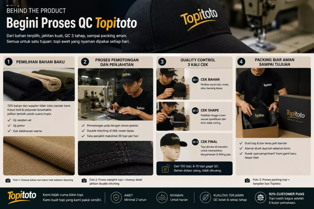 Behind The Product Topitoto menampilkan proses pembuatan topi mulai dari pemilihan bahan, penjahitan double stitching, quality control tiga tahap, hingga proses packing.