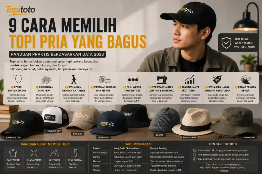 Cara memilih topi pria yang bagus berdasarkan bentuk wajah, bahan, ukuran, dan fungsi dengan ilustrasi topi Topitoto.