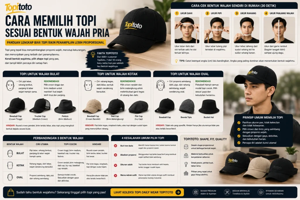 Infografis cara memilih topi sesuai bentuk wajah pria, lengkap dengan panduan mengukur bentuk wajah, rekomendasi model topi untuk wajah bulat, kotak, dan oval, serta tips memilih topi yang proporsional.
