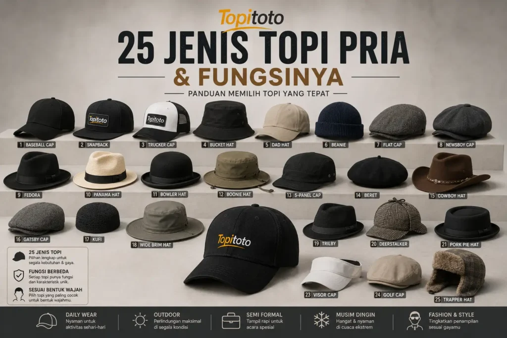 25 jenis topi pria lengkap beserta fungsinya dengan baseball cap Topitoto sebagai pilihan daily wear berlogo bordir natural.