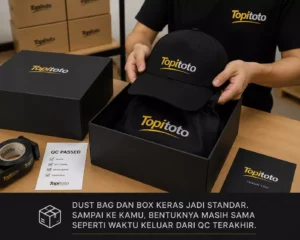 Proses packing topi Topitoto menggunakan dust bag dan box keras agar bentuk topi tetap terjaga hingga diterima pelanggan.