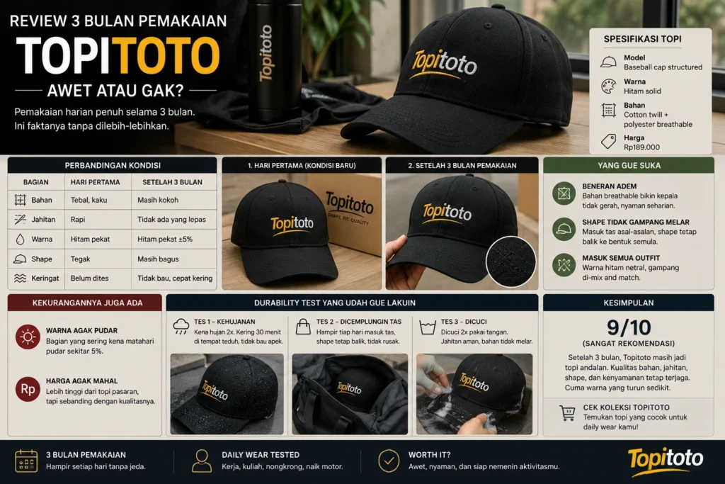 Review Topitoto setelah 3 bulan pemakaian harian memperlihatkan kondisi bahan, jahitan, warna, dan shape topi yang masih terjaga.