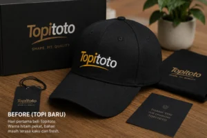 Topi Topitoto baru warna hitam dengan bahan cotton twill dan logo Topitoto bordir terlihat rapi pada hari pertama pemakaian.
