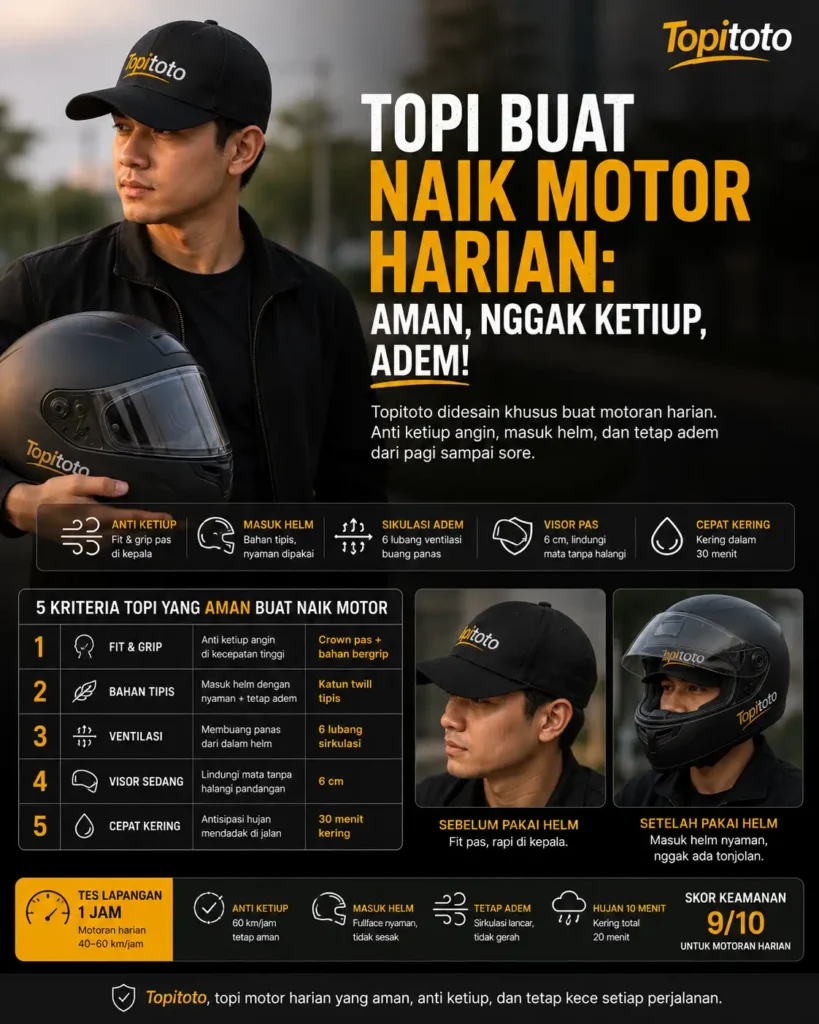 Topi Topitoto dipakai untuk naik motor harian dengan desain anti ketiup, nyaman dipakai di bawah helm, dan tetap adem.