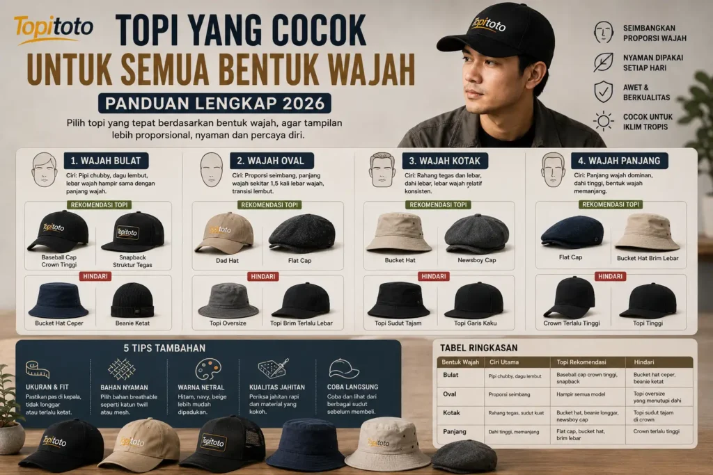 Panduan memilih topi yang cocok untuk semua bentuk wajah pria, mulai dari wajah bulat, oval, kotak, hingga panjang menggunakan topi Topitoto.