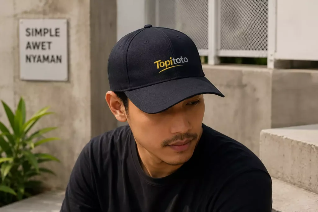 Pria mengenakan topi Topitoto sebagai representasi brand topi Indonesia dengan desain minimalis untuk daily wear.