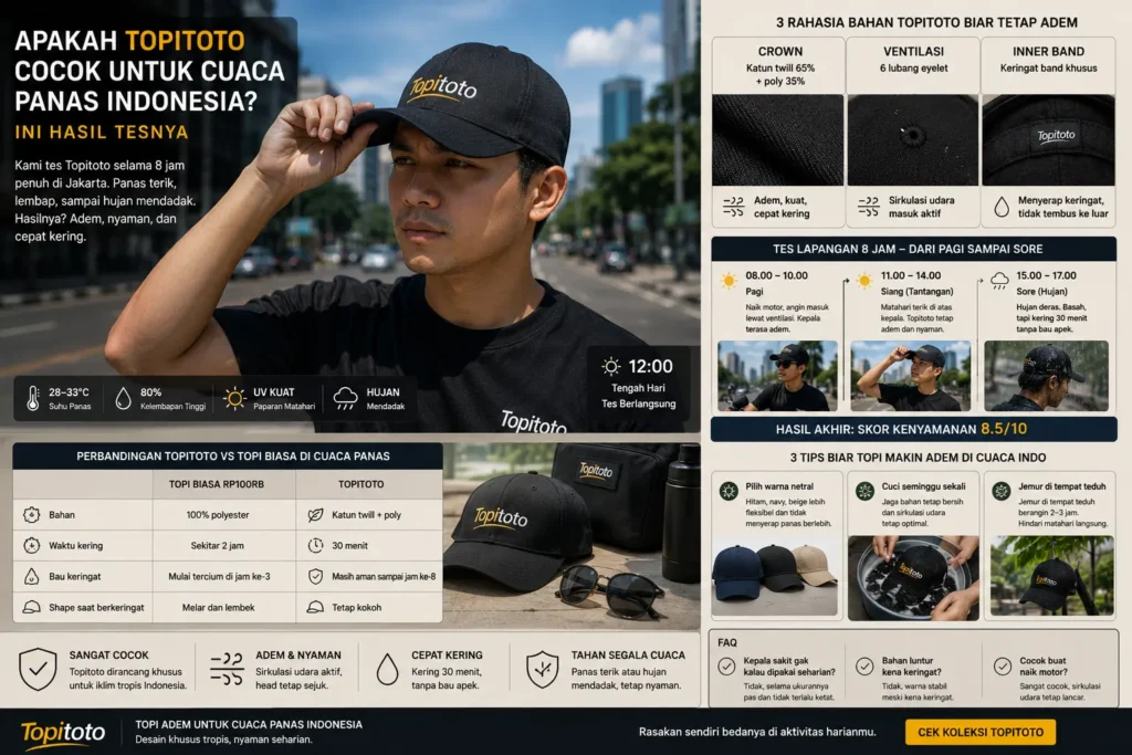 Topi Topitoto diuji selama 8 jam di cuaca panas Indonesia untuk membuktikan kenyamanan, ventilasi, dan ketahanan bahan pada aktivitas harian.