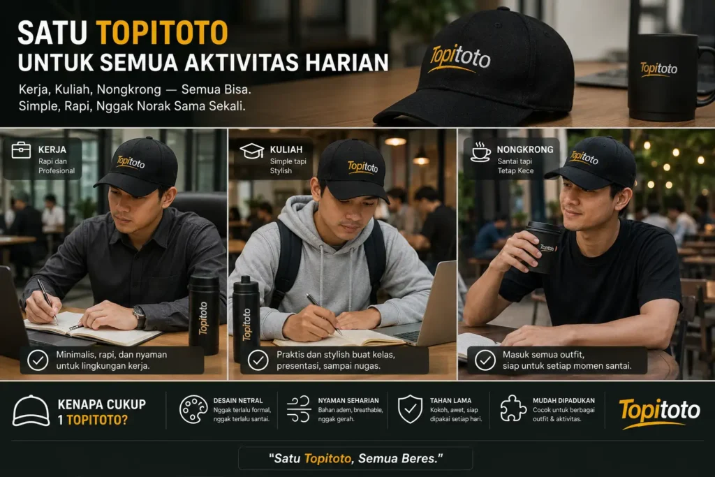Pria memakai topi Topitoto untuk kerja, kuliah, dan nongkrong dengan desain minimalis yang nyaman dipakai dan mudah dipadukan dengan berbagai outfit.