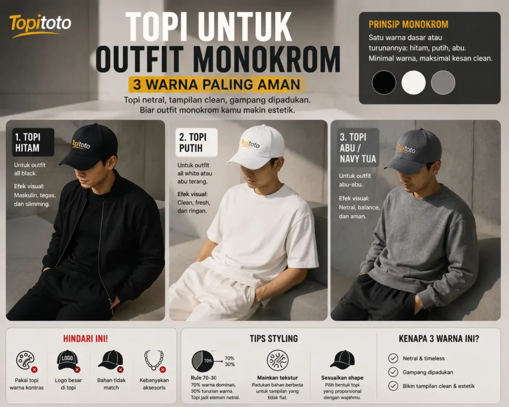 Topi Topitoto warna hitam, putih, dan abu untuk outfit monokrom pria dengan desain minimalis dan tampilan clean.