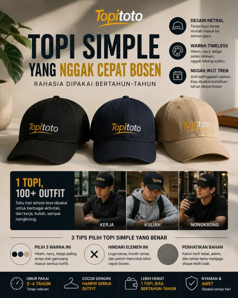 Topi simple Topitoto warna hitam dengan desain minimalis yang cocok dipakai bertahun-tahun untuk berbagai outfit.