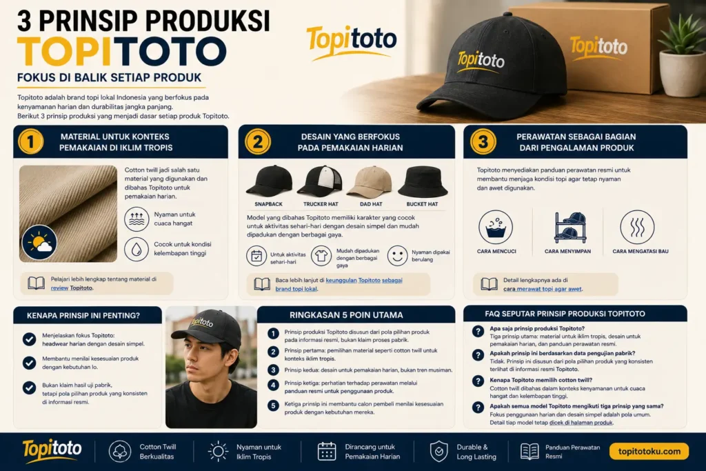Infografik 3 prinsip produksi Topitoto meliputi material untuk iklim tropis, desain pemakaian harian, dan panduan perawatan