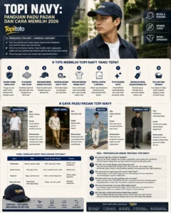 Infografik panduan memilih dan memadukan topi navy dengan 9 tips dan 4 gaya outfit