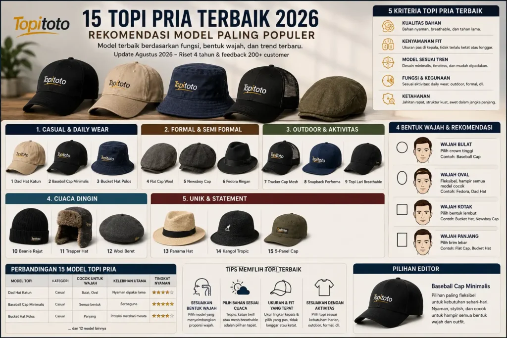 Rekomendasi 15 topi pria terbaik 2026 berdasarkan fungsi, bentuk wajah, dan aktivitas