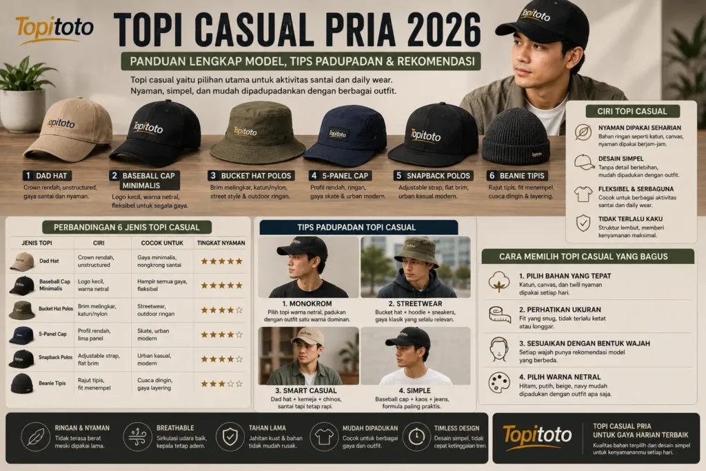 Topi casual pria 2026 dengan enam model populer untuk daily wear dan gaya santai
