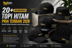 20+ rekomendasi topi hitam pria terbaik 2026 dari Topitoto menampilkan baseball cap, bucket hat, snapback, dad hat, dan beanie.