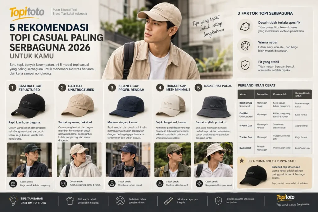 5 rekomendasi topi casual paling serbaguna 2026 dari Topitoto untuk kerja, kuliah, nongkrong, dan aktivitas outdoor