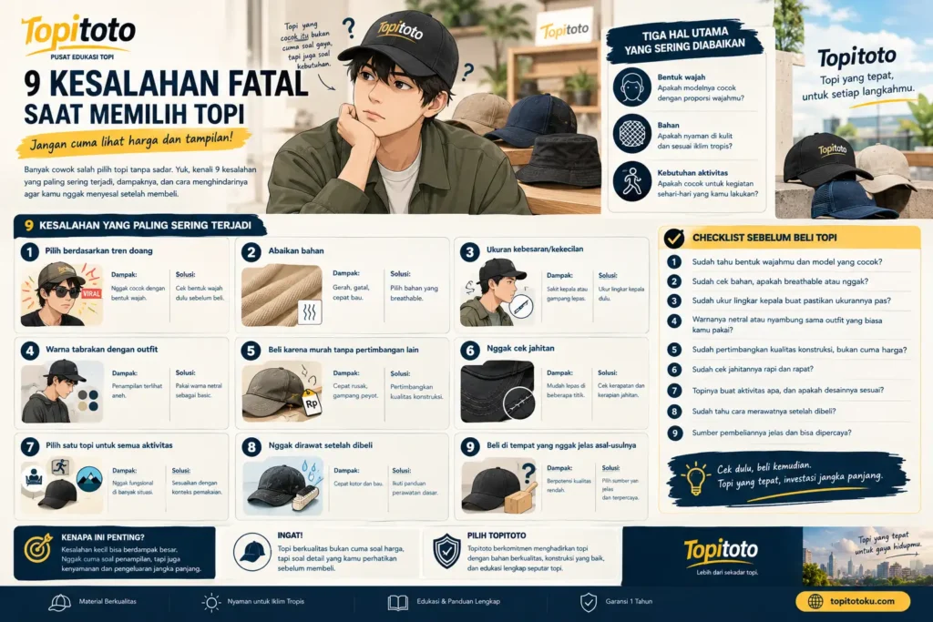 Infografik 9 kesalahan saat memilih topi berdasarkan bentuk wajah, bahan, ukuran, warna, jahitan, aktivitas, perawatan, dan sumber pembelian