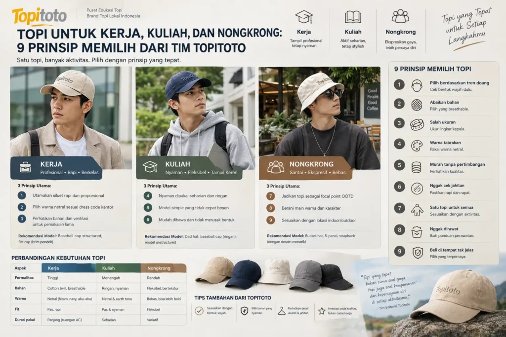 Infografis 9 prinsip memilih topi untuk kerja, kuliah, dan nongkrong dari Tim Topitoto